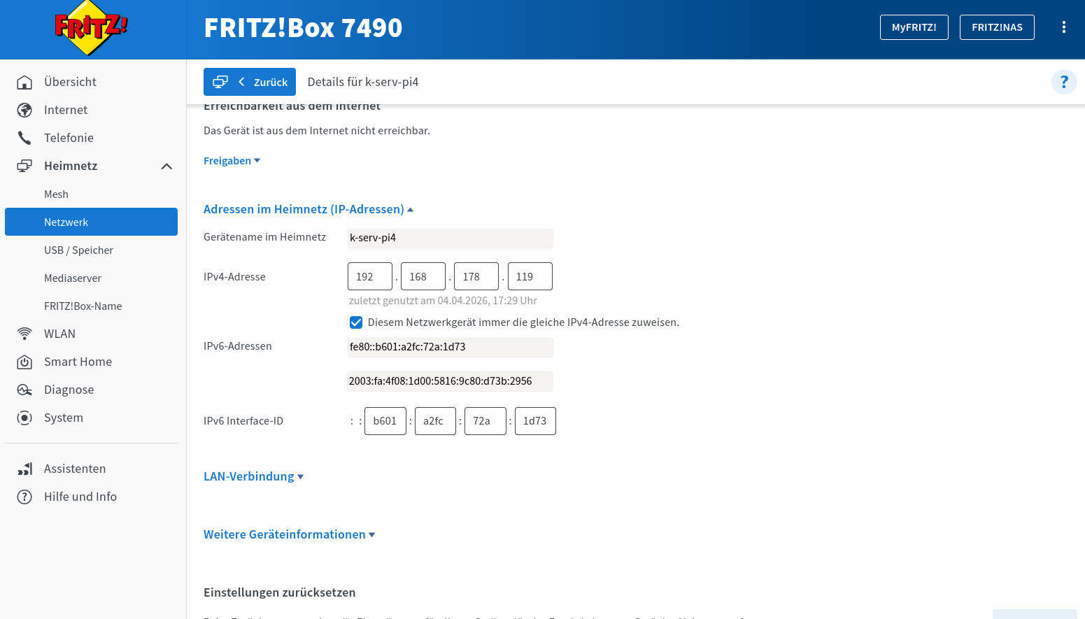 Festsetzen der Raspi IPv4-Adresse Festsetzen der Raspi IPv4-Adresse